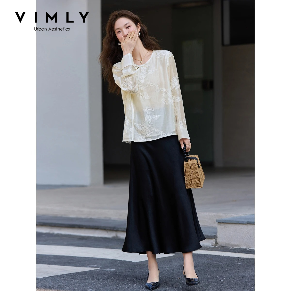 Embroidery On Shirt - VIMLY Apricot Nowa Chińska Haftowana Bluzka