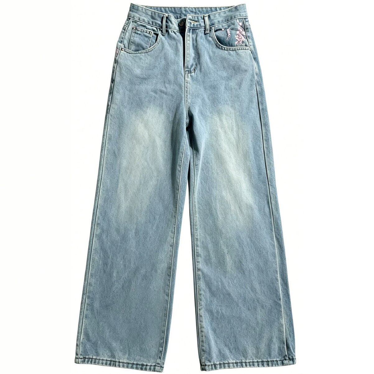 Embroidery Jeans Sakura - Dżinsy z wysokim stanem, luźne, o