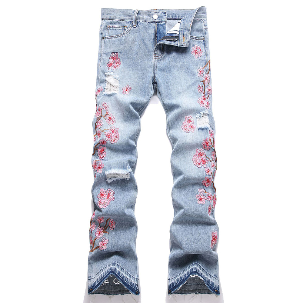 Embroidery Jeans Sakura - Męskie dżinsy z haftem kwiatowym Streetwear