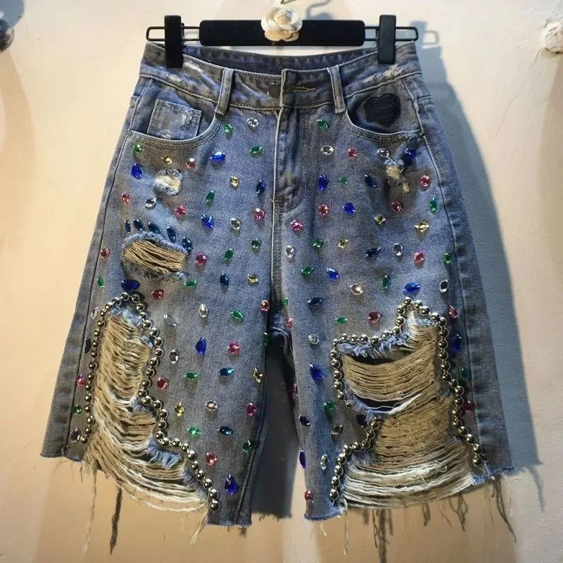 Embroidery Jeans Sakura - Szorty damskie na lato 2025, dżinsowe,