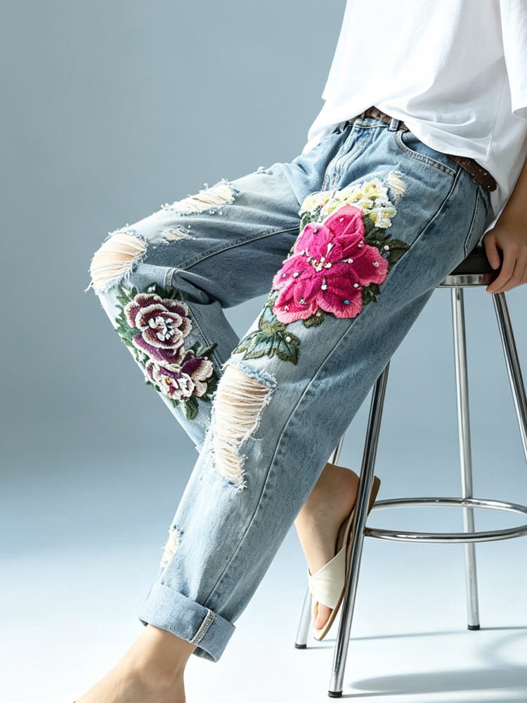 Damskie jeansy vintage z efekt – Embroidery Effect recenzja i cena