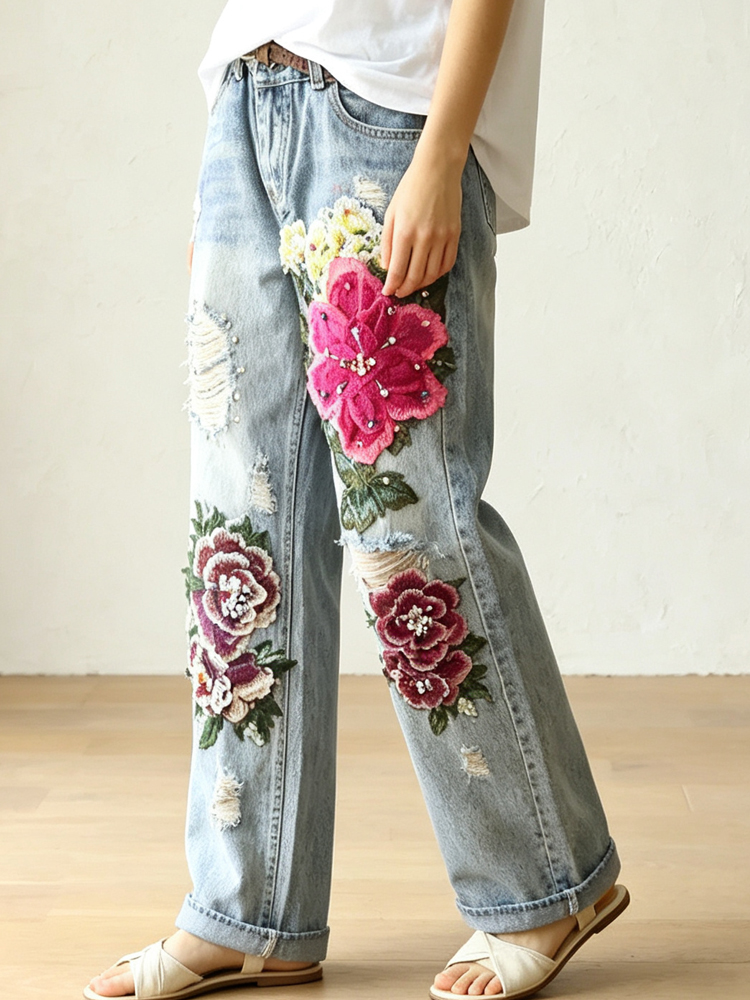 Damskie jeansy vintage z efekt – Embroidery Effect recenzja i cena